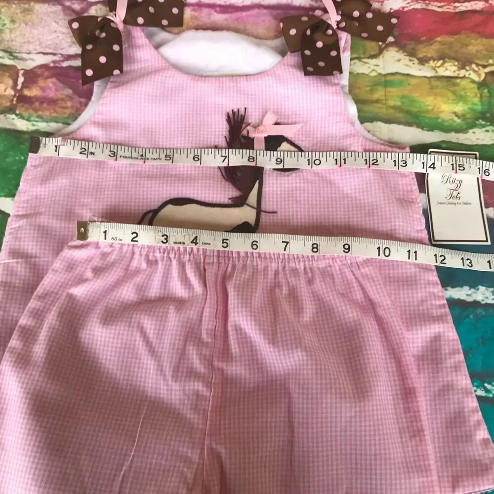 Ritzy Tots Pink White Gingham Horse Applique Outfit‎ Set NEW NWT Bows 5